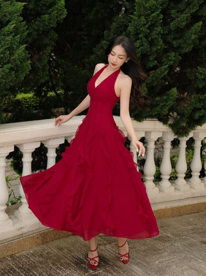 Sexy A Line Halter Burgundy Ruffle Chiffon Backless Long Prom Dress SH5295