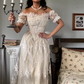 Vintage Ivory A Line Off the Shoulder Lace Satin Tulle Prom Dress Wedding Dress SH4471