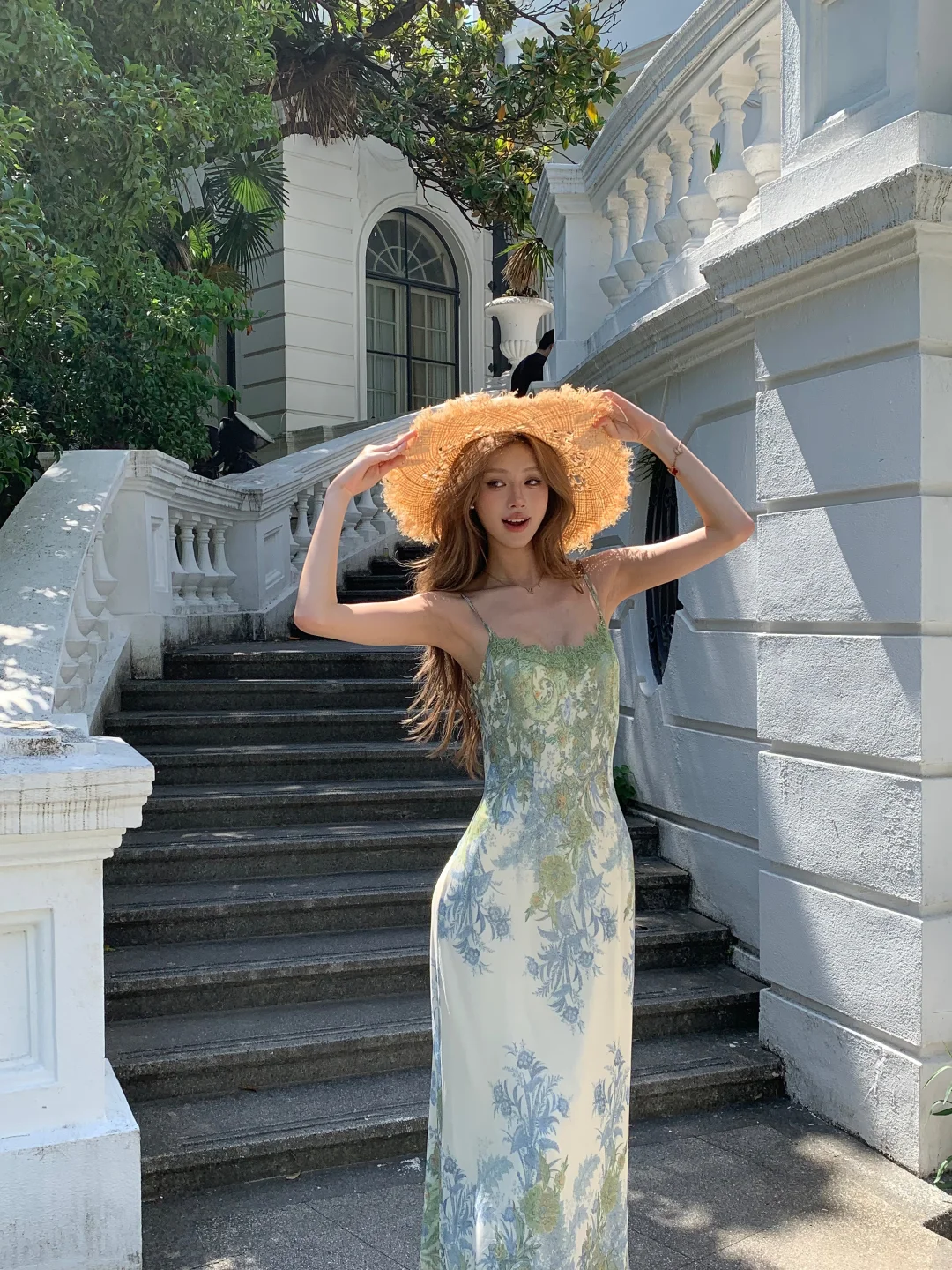 Elegant A Line Spaghetti Strap Green Print Floral Chiffon Prom Dress Evening Dress SH4482