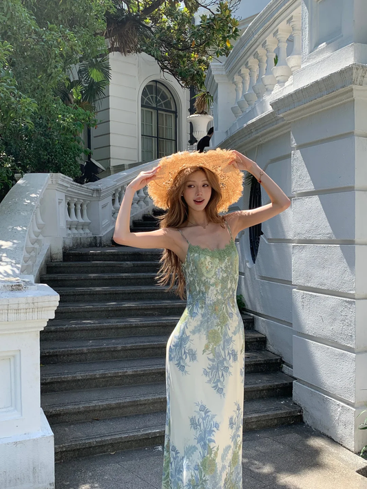 Elegant A Line Spaghetti Strap Green Print Floral Chiffon Prom Dress Evening Dress SH4482