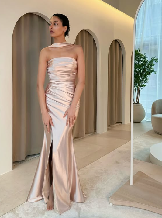 Romantic Mermaid Strapless Satin Slit Prom Dress Party Evening Dress SH5710