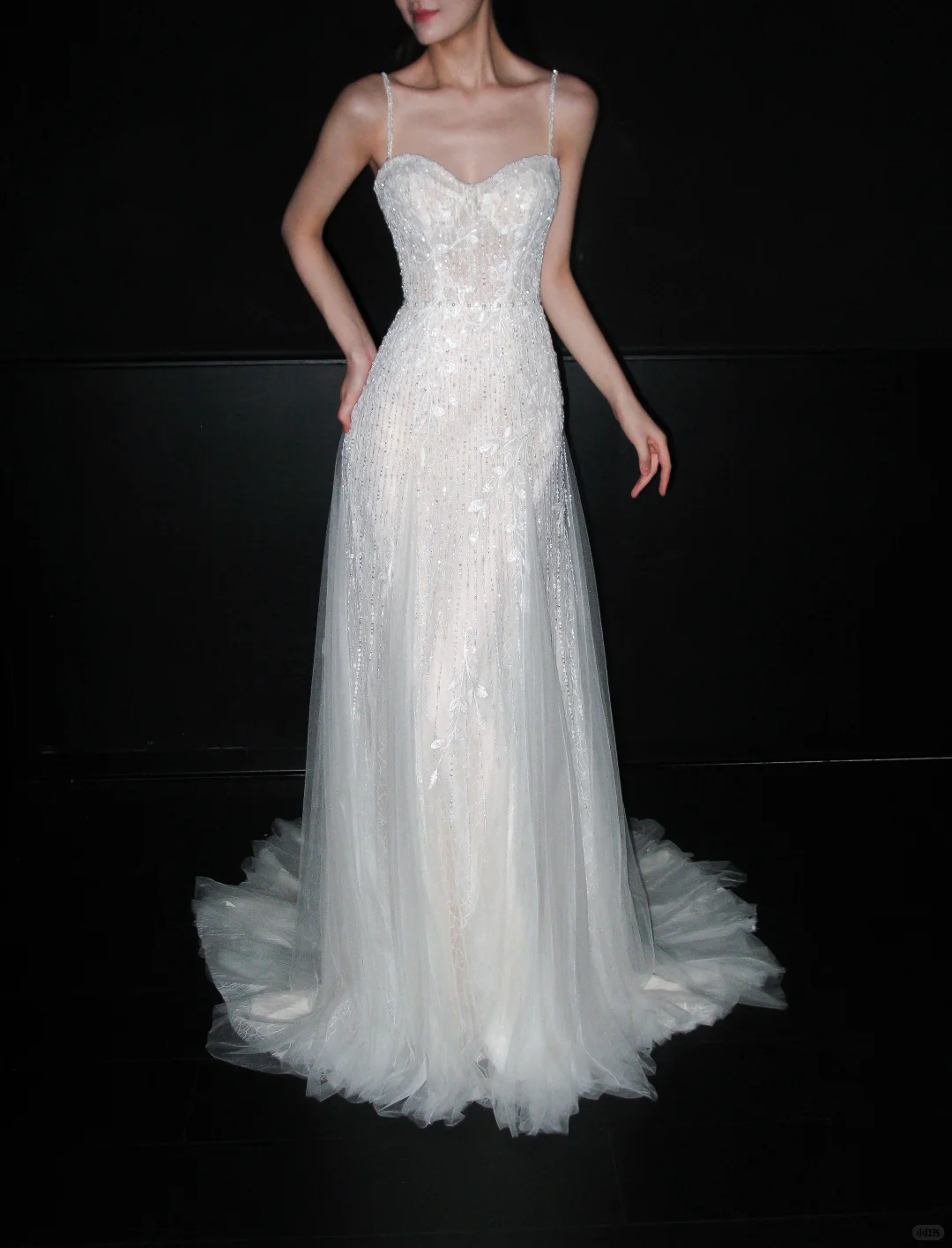 Fairy A Line Spaghetti Strap White Beaded Sequin Tulle Long Wedding Dress SH8916