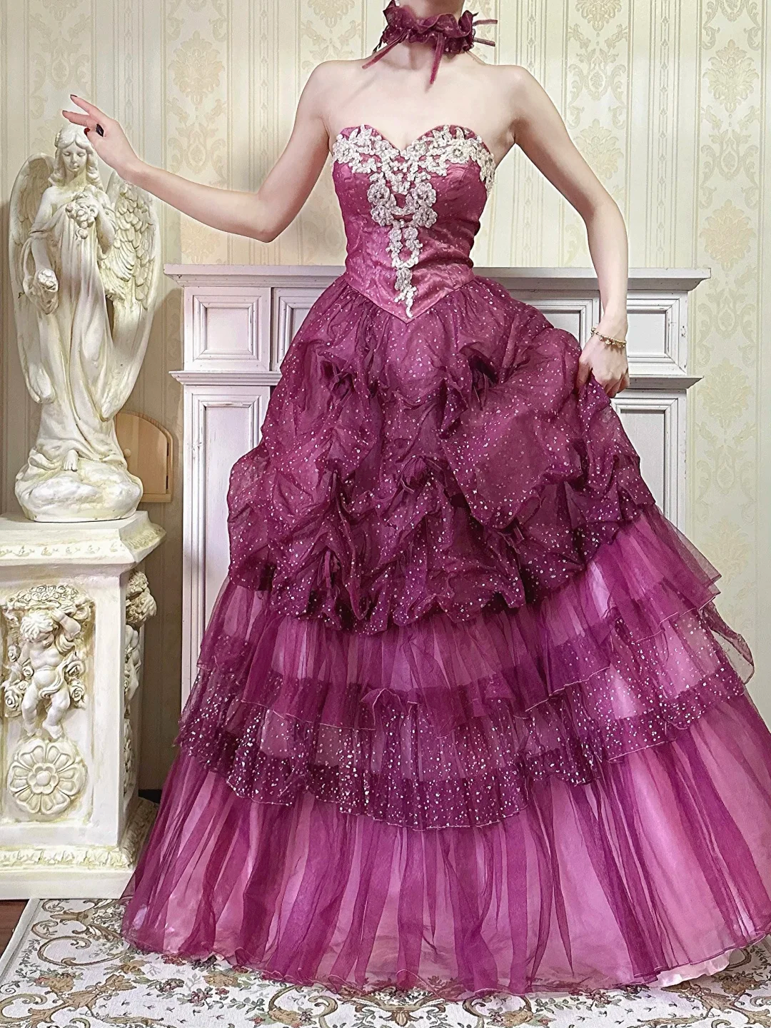Vintage Rose Madder Ball Gown Strapless Appliques Sequin Tulle Prom Dress Graduation Prom Dress SH5273