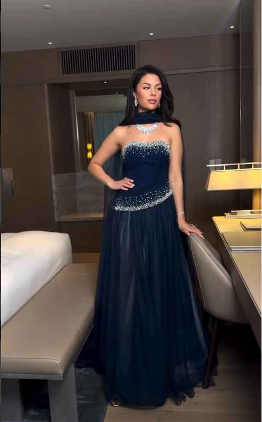 Elegant Navy Blue A Line Strapless Beaded Tulle Prom Dress Wedding Guest Dress SH5389