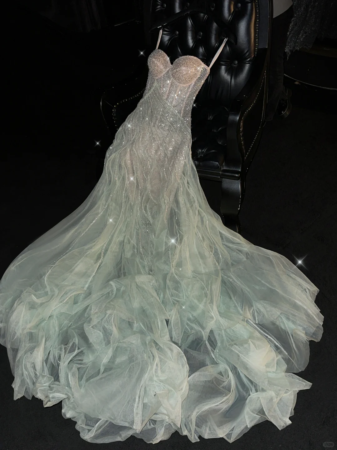 Romantic A Line Strapless Beaded Green Champagne Tulle Party Dress Evening Dress SH3372