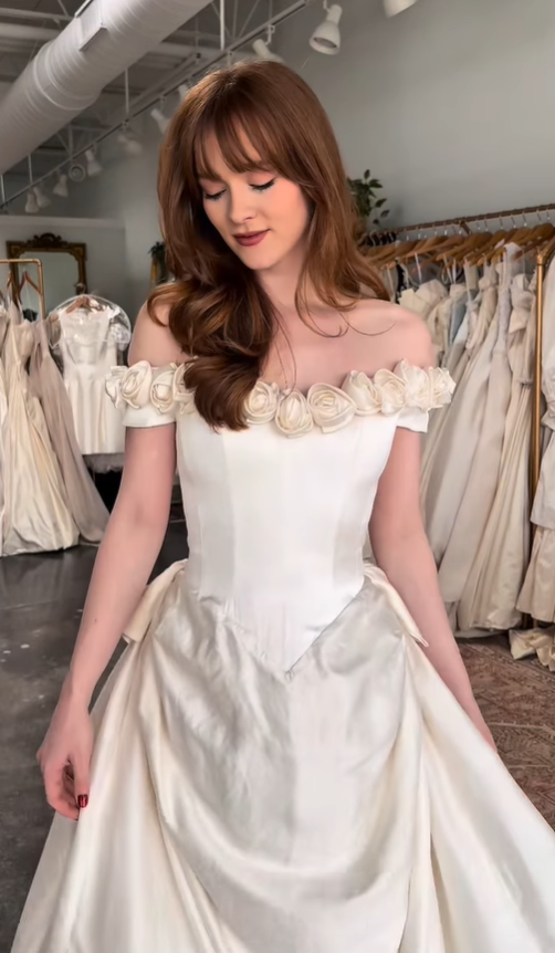 Retro Beige A Line Off the Shoulder 3D Flower Satin Wedding Dress SH6087