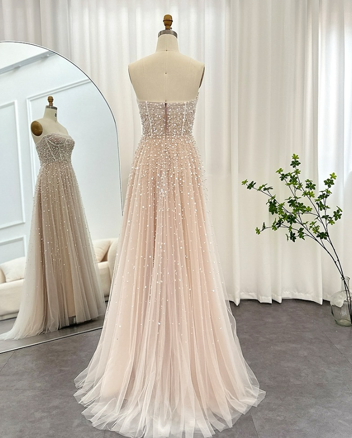 Elegant A Line Strapless Sequin Pearl Beaded Tulle Long Prom Dress Evening Dress SH1940