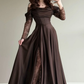 Elegant Brown A Line Long Sleeve Lace Satin Prom Dress Wedding Guest Dress SH5394