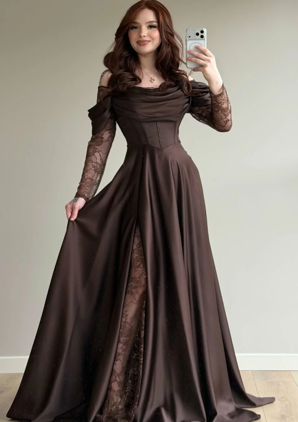 Elegant Brown A Line Long Sleeve Lace Satin Prom Dress Wedding Guest Dress SH5394