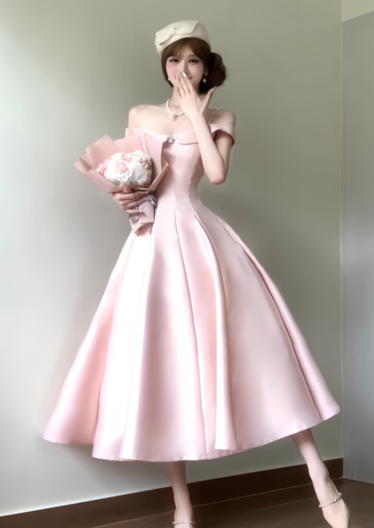 Princess Pink A Line Off the Shoulder Satin Long Party Dress Evening Dress SH3381