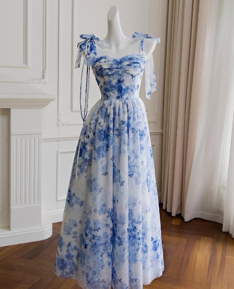 Blue Flower A Line Straps Chiffon Long Prom Dress with Slit SH1805