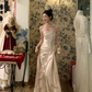 Vintage Apricot A Line Strapless Satin Prom Dress Wedding Guest Dress SH4500