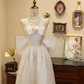 Cute White Bow A Line Strapless Satin Long Prom Dress Wedding Dress SH7400