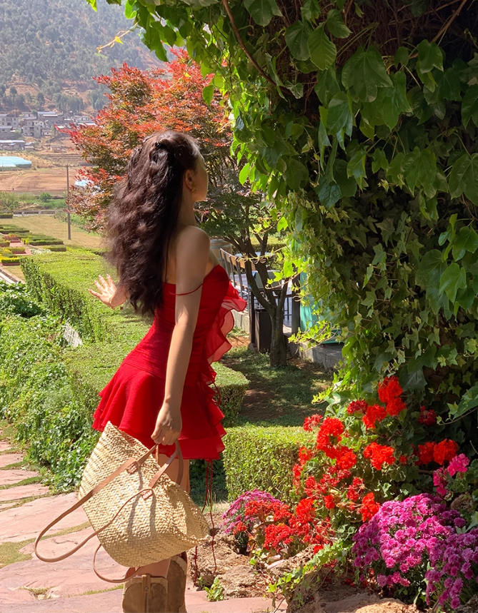 Bright Red A Line Spaghetti Strap Ruffle Chiffon Short Homecoming Dress Vacation Dress SH4154
