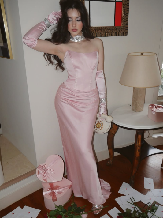 Gentle Pink Sheath Strapless Satin Long Prom Dress Party Dress SH5316