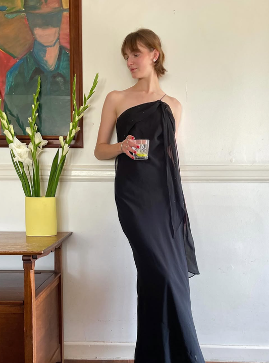 Sexy Sheath Spaghetti Strap Beaded Black Chiffon   Long Prom Dress Prom Dress SH2650