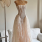 Champagne A Line Strapless Corset Lace Long Prom Dress Evening Dress SH1843