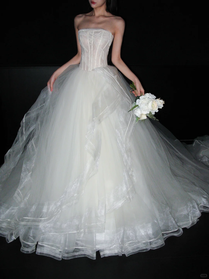 Pretty Ball Gown Strapless Corset White Ruffle Tulle Long Wedding Dress SH8894