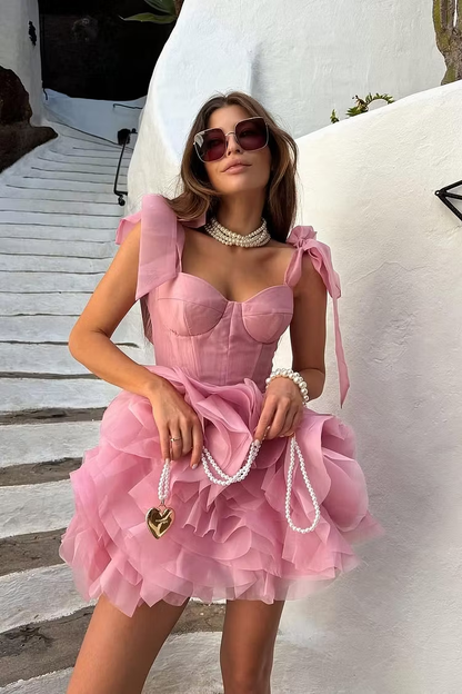 Chic Pink Wide Shoulder Straps Sleeveless Short Prom Dress with Ruffles SH7512