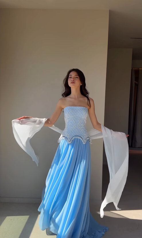 Beautiful Blue A Line Strapless Exquisite Beaded Chiffon Long Prom Dress Evening Dress SH6750