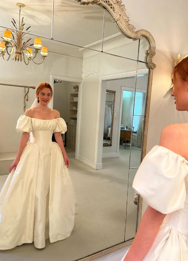White Simple Elegant A Line Off the Shoulder Satin Long Wedding Dress SH6171