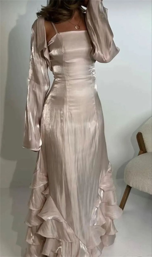 Elegant Straps Pleated Ruffles Long Prom Dress Evening Gown SH1244