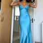 Blue Backless Mermaid Satin Long Evening Prom Dress SH1527