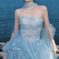 Gorgeous A Line Strapless Beaded Blue Tulle Long Party Dress Evening Dress SH2812
