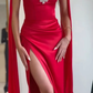 Red Sheath Sweetheart Neck Beaded Satin Long Prom Dress Evening Dress with Slit SH7312