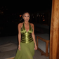 Elegant A Line Halter Green Satin Chiffon Open Back Prom Dress Evening Dress SH2551