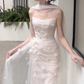 White Sheath Strapless Floral Pleated Tulle Long Prom Dress Wedding Dress SH4199