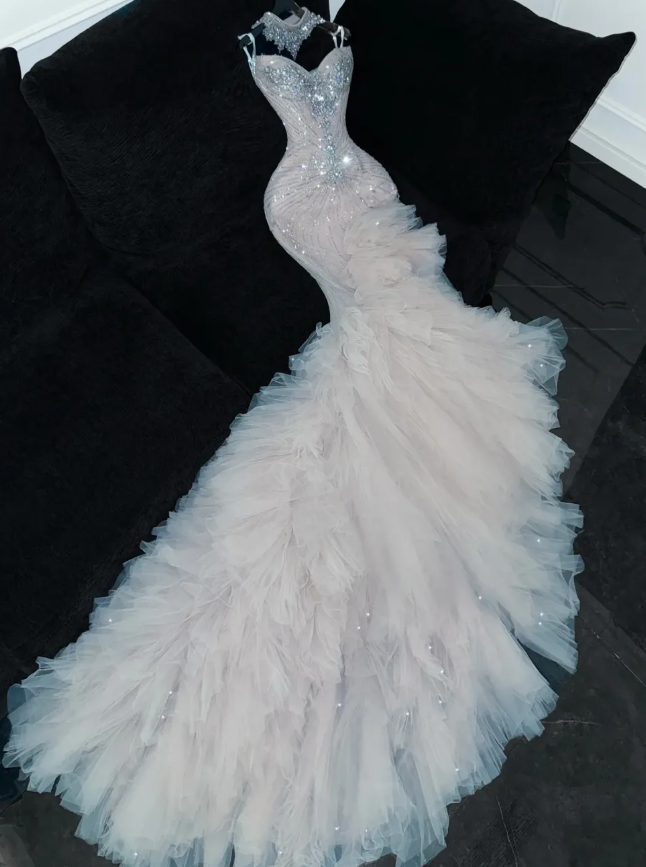Mermaid Beaded Sweetheart Neck Tulle Long Prom Dress Evening Dress Party Dress SH3615