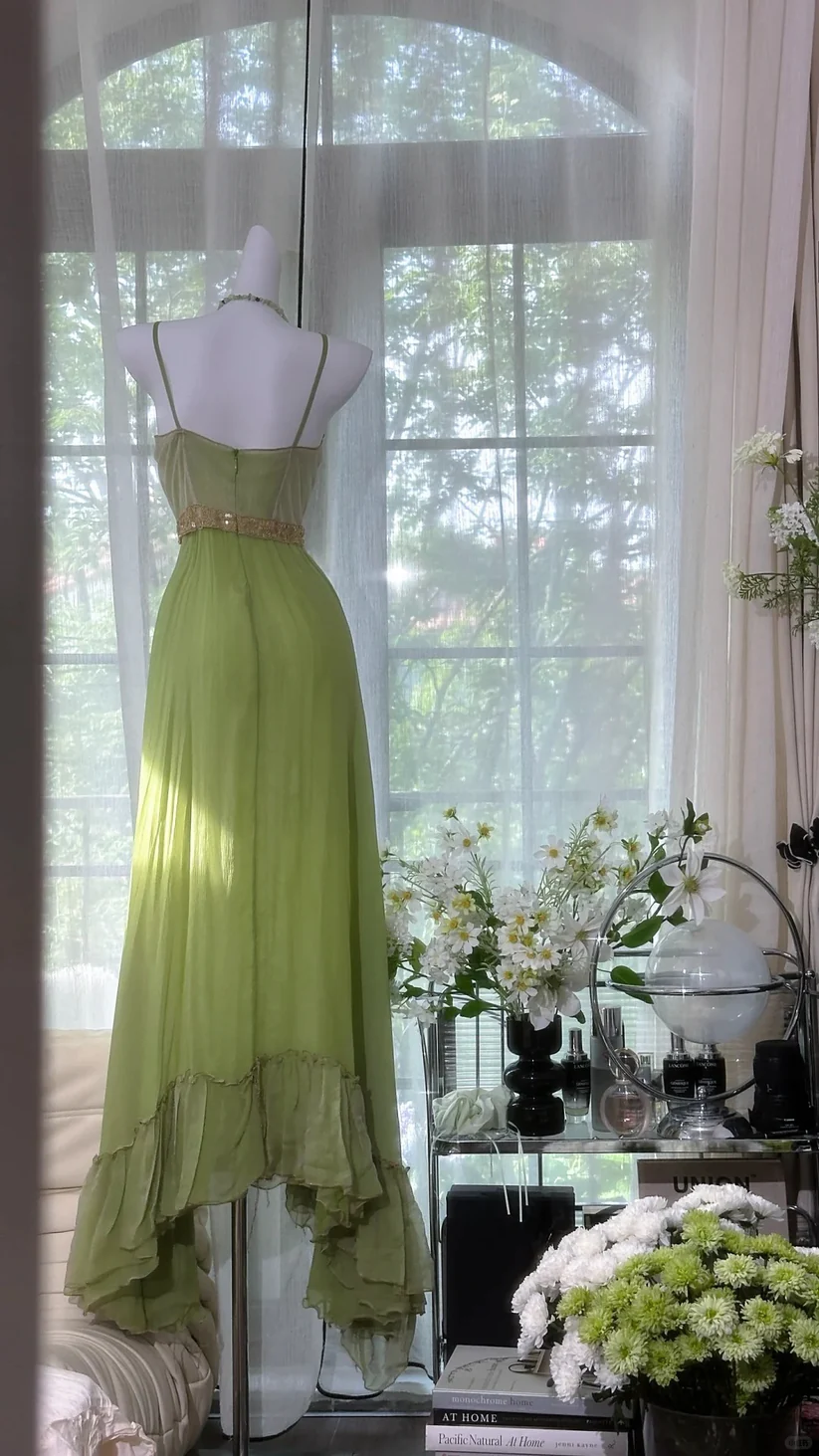 Dreamy Green Sequin Spaghetti Strap Chiffon Date Dress Evening Dress Wedding Guest Dress SH3436