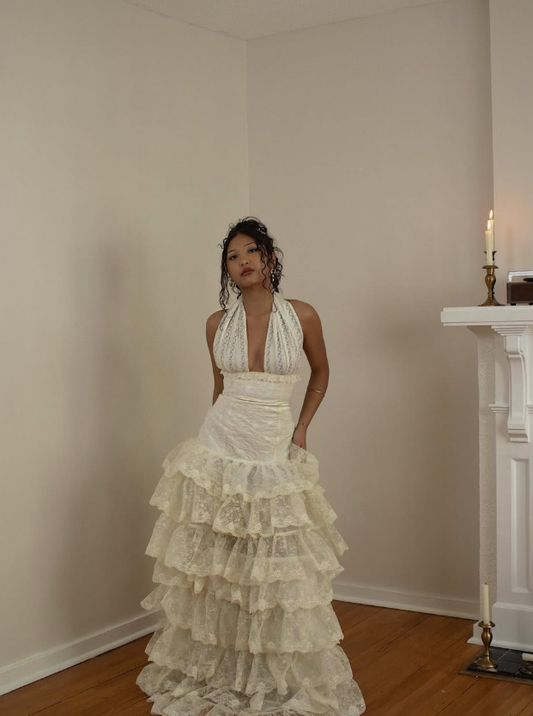 Retro Stunning A Line Halter Layered Lace Prom Dress Wedding Dress SH7672