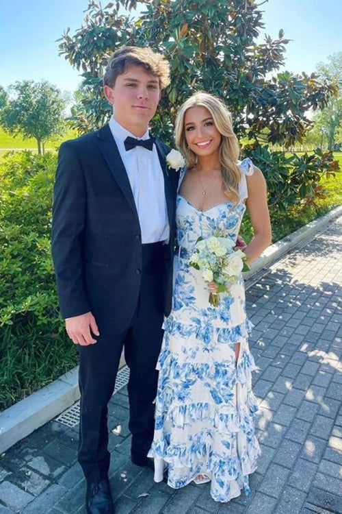 Blue Printed Long Formal Evening Dress Sleeveless Prom Gown With Split  SH1353