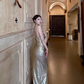 Sexy Golden Sheath Straps Satin Long Prom Dress Outfits SH4927