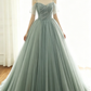 sage green tulle long ball gown with spaghetti straps, sage green sweet 16 dress prom gown P6154
