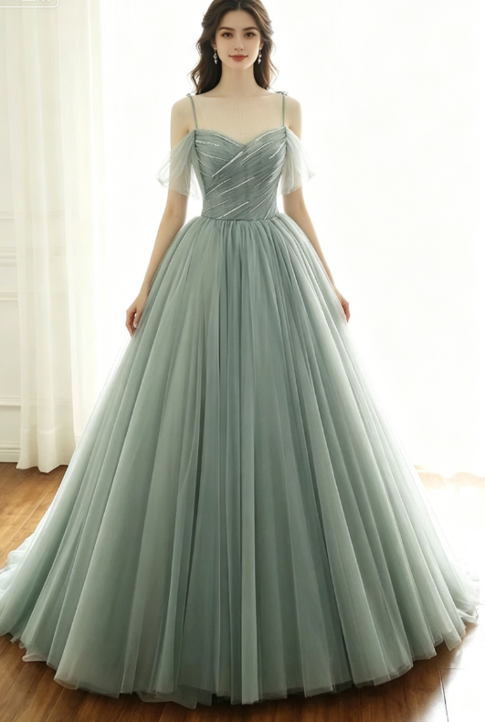 sage green tulle long ball gown with spaghetti straps, sage green swee   shinydress