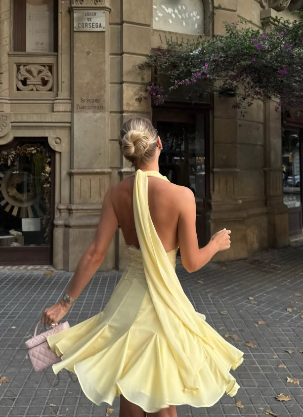 Yellow A Line V Neck Lace Chiffon Short Prom Dress Homecoming Dress SH7172