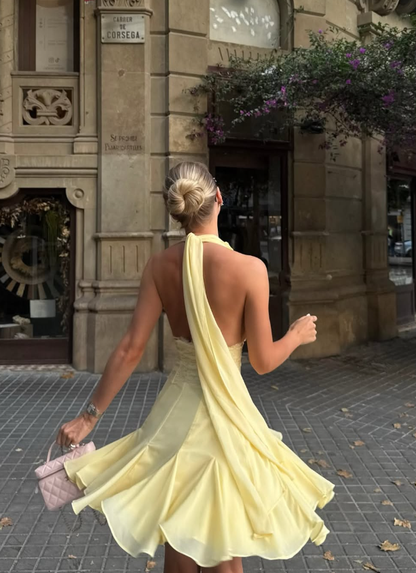 Yellow A Line V Neck Lace Chiffon Short Prom Dress Homecoming Dress SH7172
