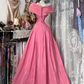 Pink Vintage A Line Off the Shoulder Bow Satin Graduation Prom Dress SH5370