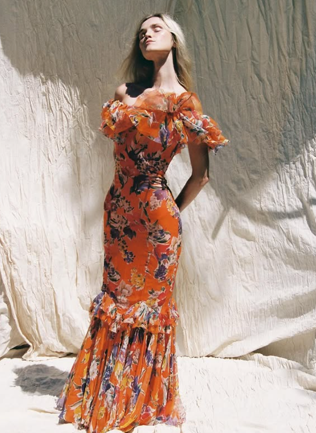 Stunning Orange Print Floral Mermaid Chiffon Prom Dress Vacation Dress SH6260