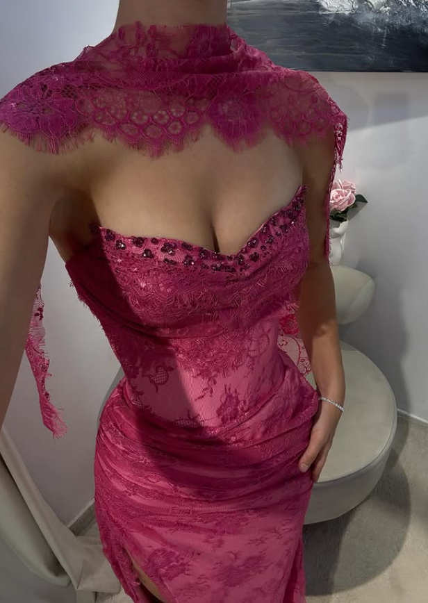 Pink A Line Sweetheart Neck Beaded Lace Prom Dress Evening Dress with Slit SH4438