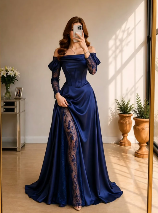 Elegant Navy Blue A Line Long Sleeve Lace Satin Prom Dress Evening Dress SH6014