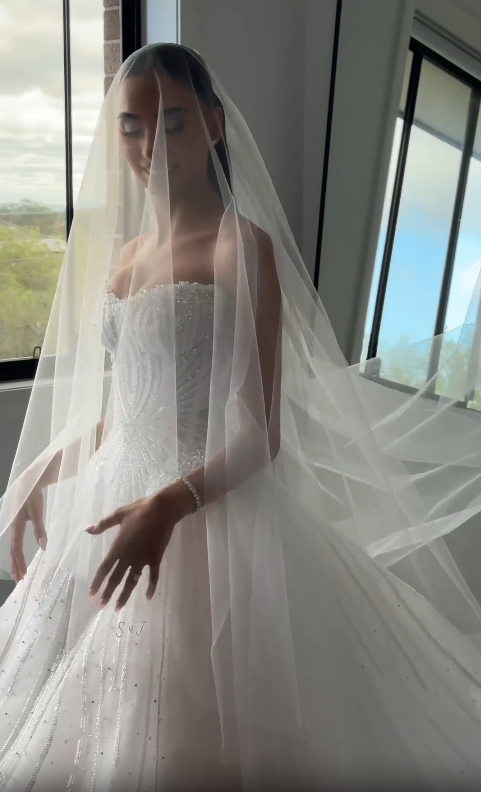 White Ball Gown Strapless Beaded Sequin Tulle Long Sweep Prom Dress Wedding Dress SH4772