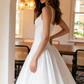 Ethereal A Line Spaghetti Strap Pleated White Chiffon Satin Long Wedding Dress SH7065