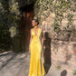 Yellow Sheath V Neck Satin Open Back Long Prom Dress Evening Dress SH1766