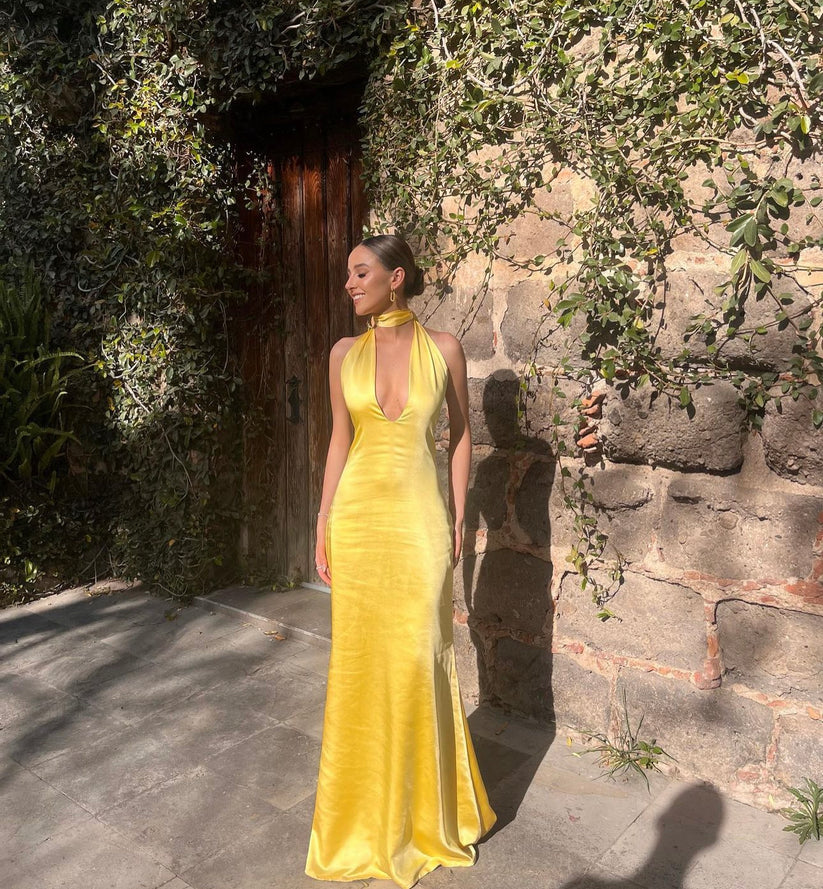 Yellow Sheath V Neck Satin Open Back Long Prom Dress Evening Dress SH1766