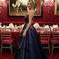 Vintage Navy Blue Exquisite Floral Long Satin Ball Gown Evening Dress Prom Dress SH4823