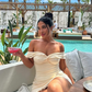 Simple Light Apricot A Line Off the Shoulder Satin Short Outfit Party Dress Vacation Dress SH3521